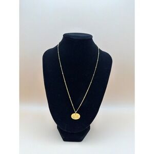 Gold Tone Holly Leaf Engraved Disc Pendant Satellite Chain Necklace Womens